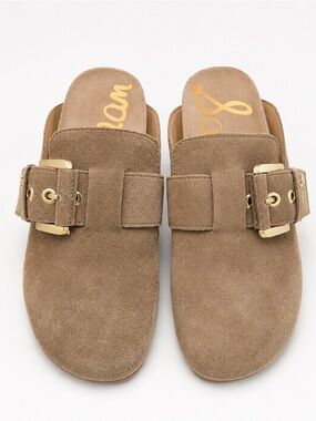 Suede Buckle Slide Sandals in Taupe